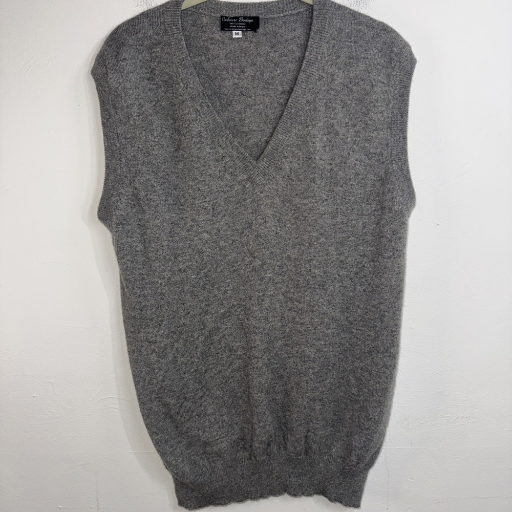 Cashmere Boutique Men's Gray Cashmere V-Neck Knit Sweater Vest Preppy Old Money